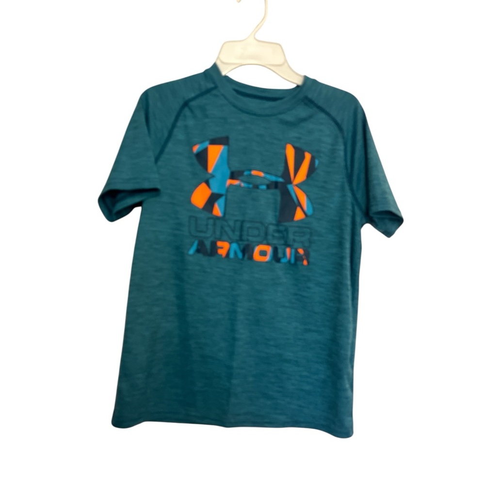 Boy’s Under Armour Sz YXL Shirt Short Sleeve Heatgear Teal Orange Loose Fit
